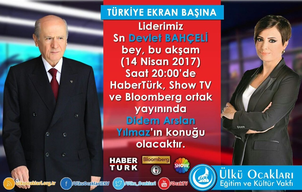 Liderimiz Sn @dbDevletBahceli bey, bu akşam 20:00’de HaberTürk, ShowTV ve BloombergTv ortak yayınında <a href="/arslandidem/">Didem Arslan Yılmaz</a> ’ın konuğu olacaktır.