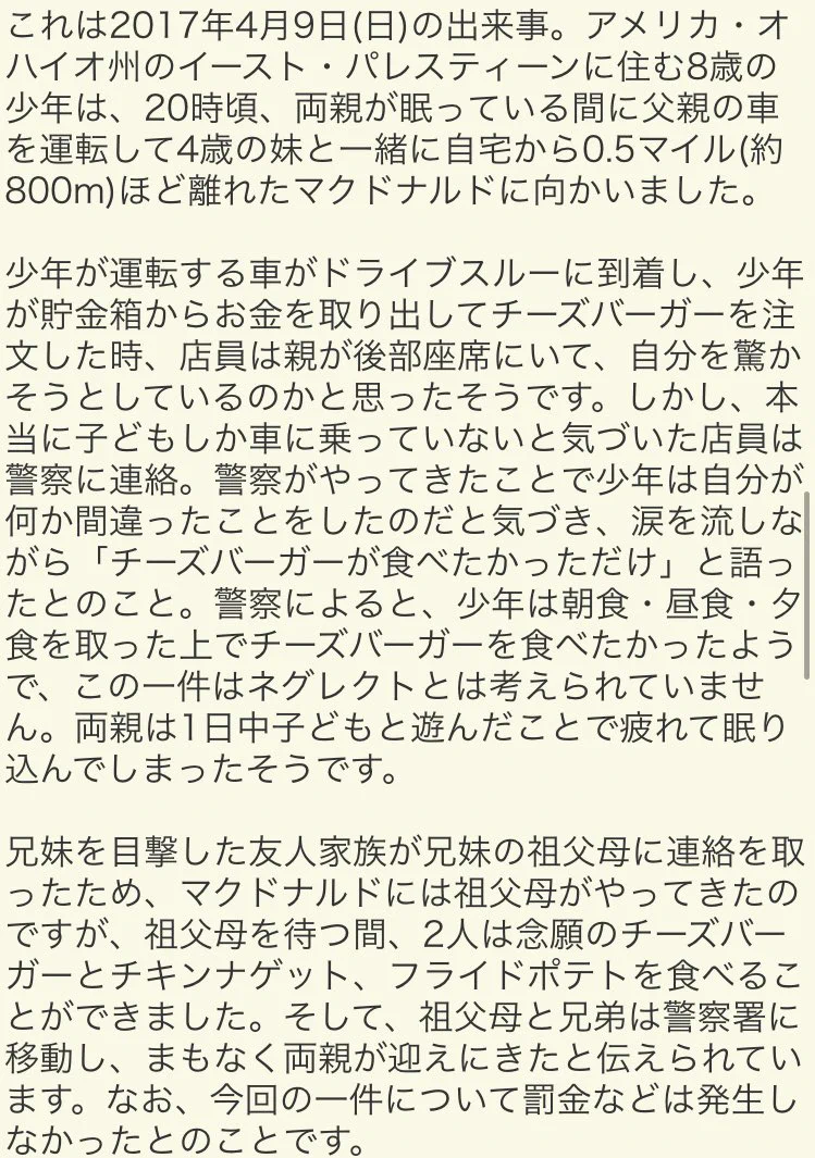 youtubeで学んだ？？8歳児がチーズバーガー食べたくて車運転した話。