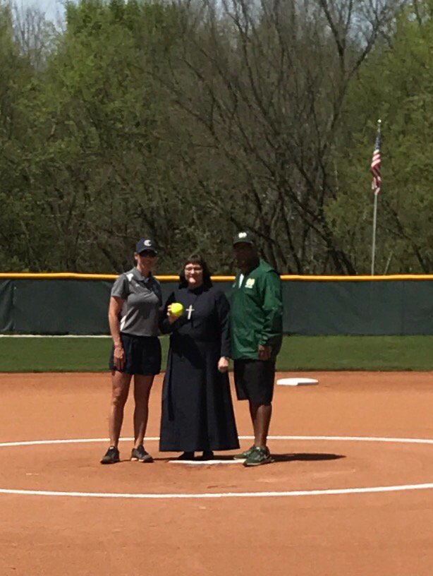 NDChattSoftball's tweet photo. Sister Mary Marta threw the first pitch at yday's game between the Lady Irish! #CatholicShools #SharingTheFaith https://t.co/poxMXbbQII