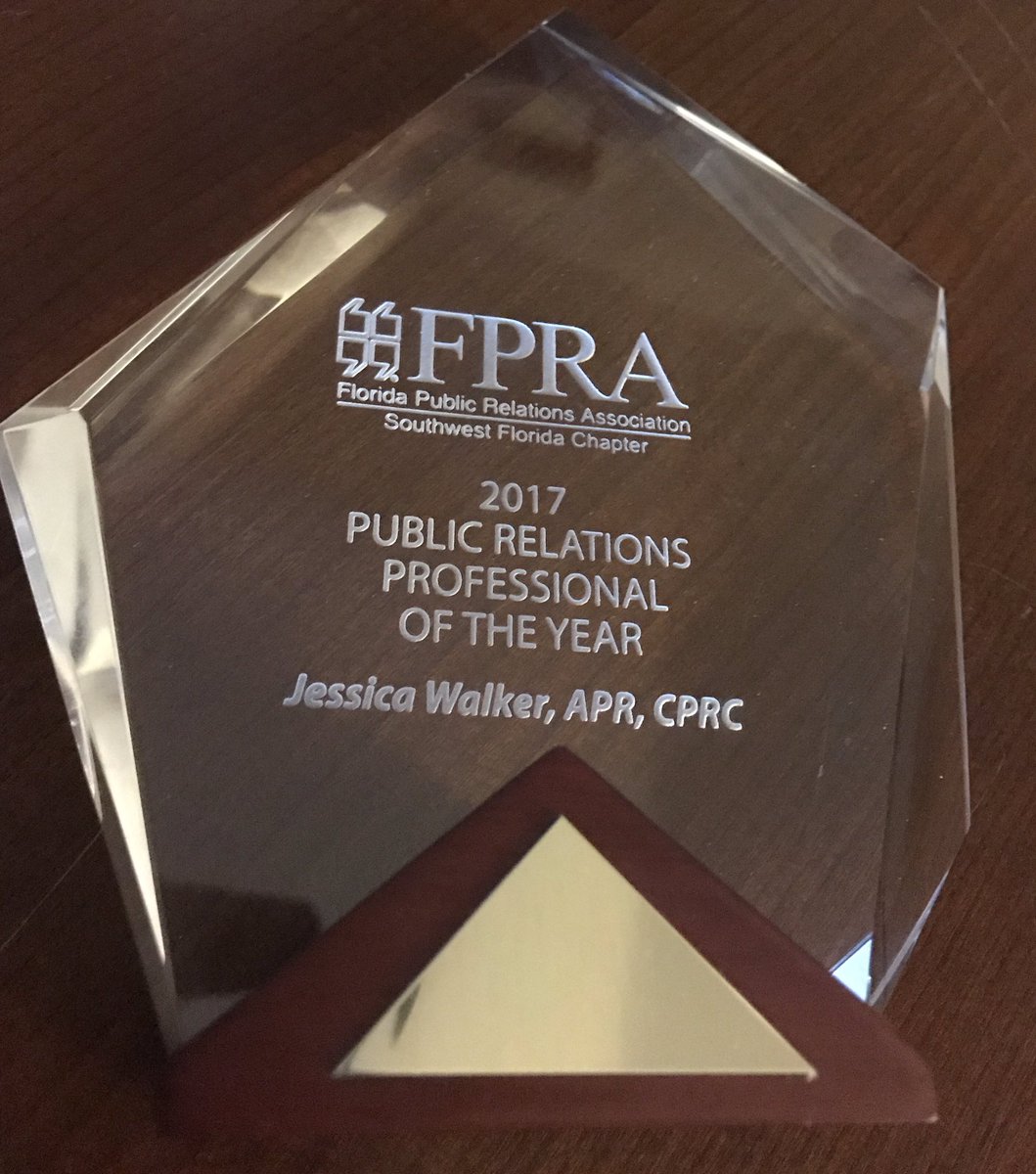 JessicaClarkAPR's tweet photo. So honored to be named 2017 PR Professional of the Year! Thank you to all who have helped me grow in the industry! #PR #MNMW #SWFLFPRA https://t.co/gOhBRlip3E