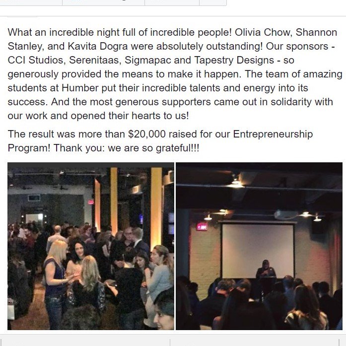 onesparkcanada's tweet photo. What amazing energy @ our #LightaSpark event last night! $20,000 raised for our #Entrepreneurship program.Thank you @oliviachow &amp; @KaveetsD! https://t.co/VHGhcfoY7y