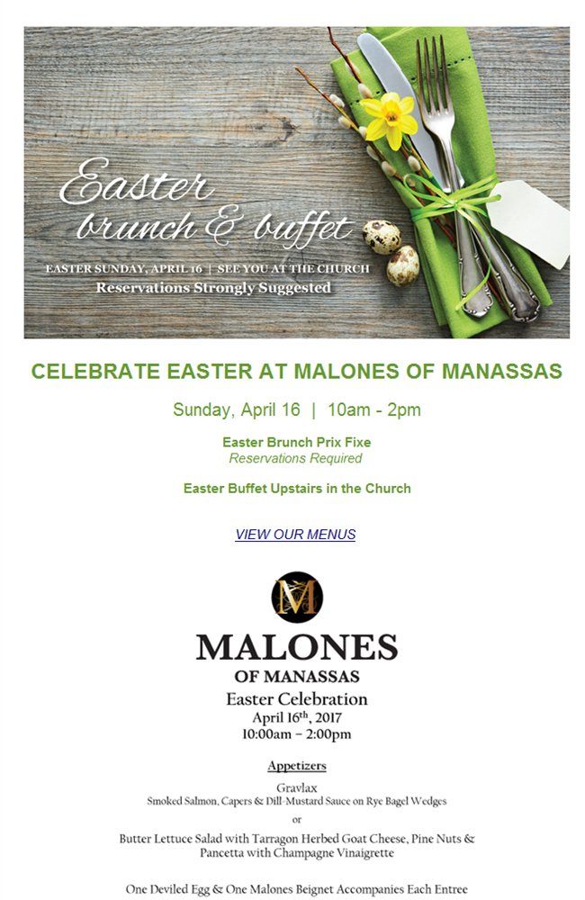 Celebrate Easter at Malones of Manassas bit.ly/2pATVv9