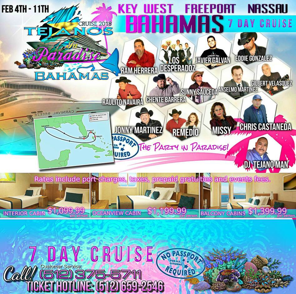 CruiseCLive's tweet photo. Book your cabin for The Tejanos In Paradise Cruise 2018 call 512-375-5711 https://t.co/z88DbZ0oul #tejanocruise #carnivalbreeze #bahamas https://t.co/UUXsswV3WY