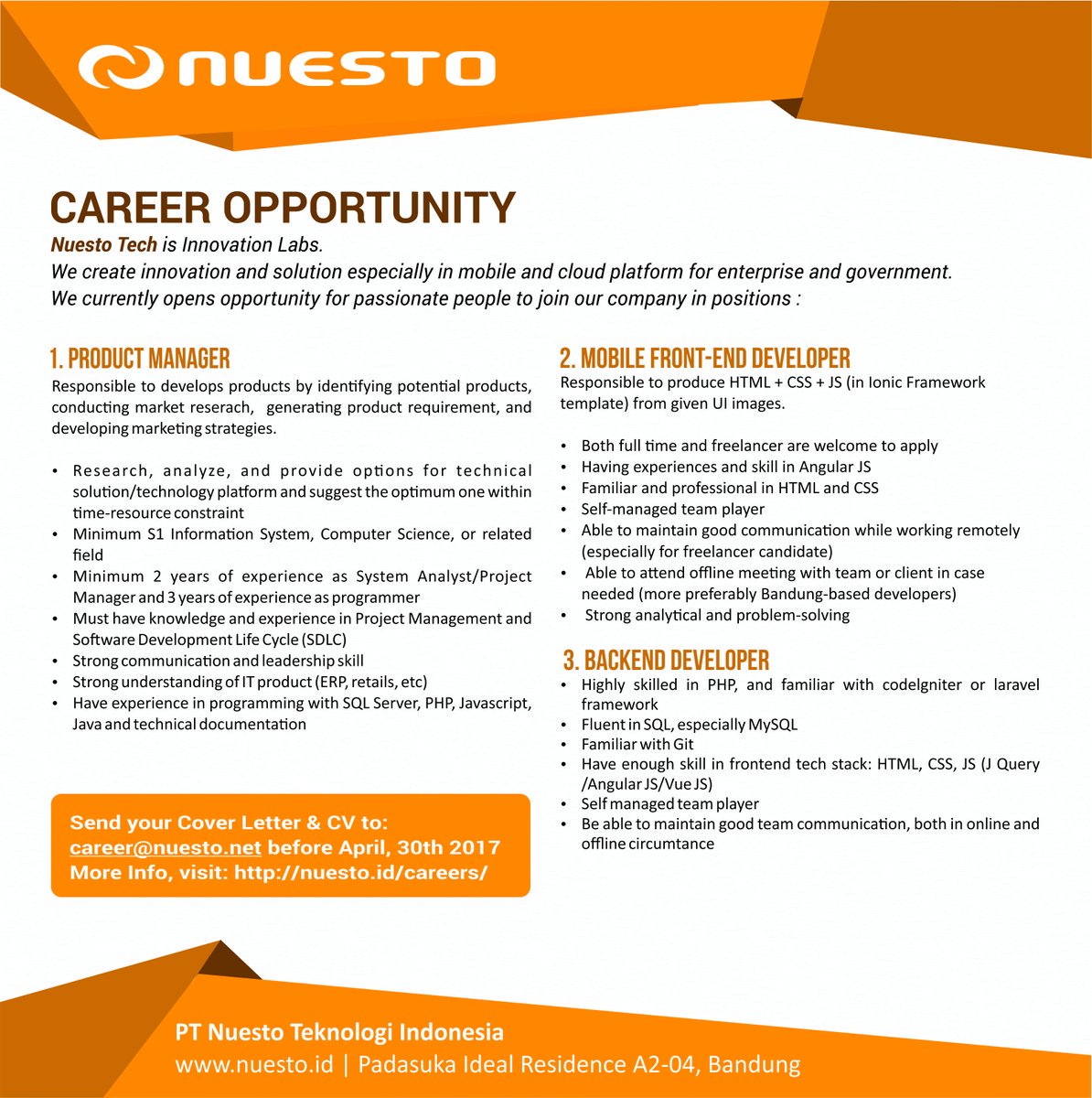 brankaskerja's tweet photo. Via @Restia_S : Product Manager, Frontend &amp; Backend Developer. Send ur CV to: career@nuesto.net, #brankaskerja https://t.co/T7uWjOedxB