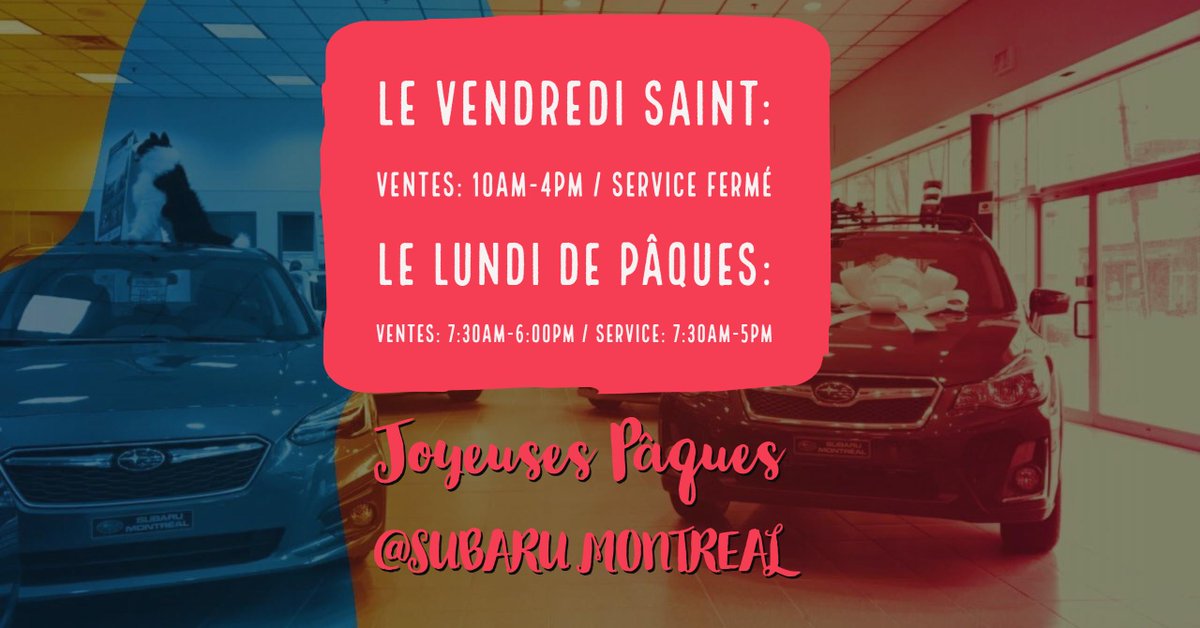 SubaruMontreal's tweet photo. Joyeuses Pâques avec Subaru-Montreal ! ;) ;) ;) https://t.co/05ad84Ssui