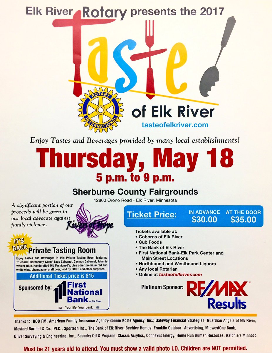 Mark your calendars! The 2017 #TasteOfElkRiver is on Thurs, May 18! Tickets available now! <a href="/RiversOfHopeMN/">Rivers Of Hope</a> is our sig donation recipient!