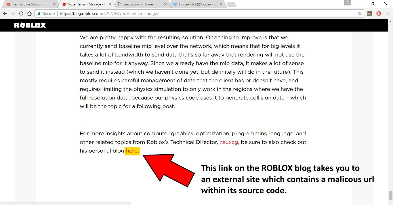 Horsekidlol On Twitter Roblox S Newest Blog Article Links To A Site With A Malicious Url In Its Source Code Isn T That Funny It S Not Their Fault But Still Https T Co F1mqrqh3ry - voxel terrain storage roblox blog