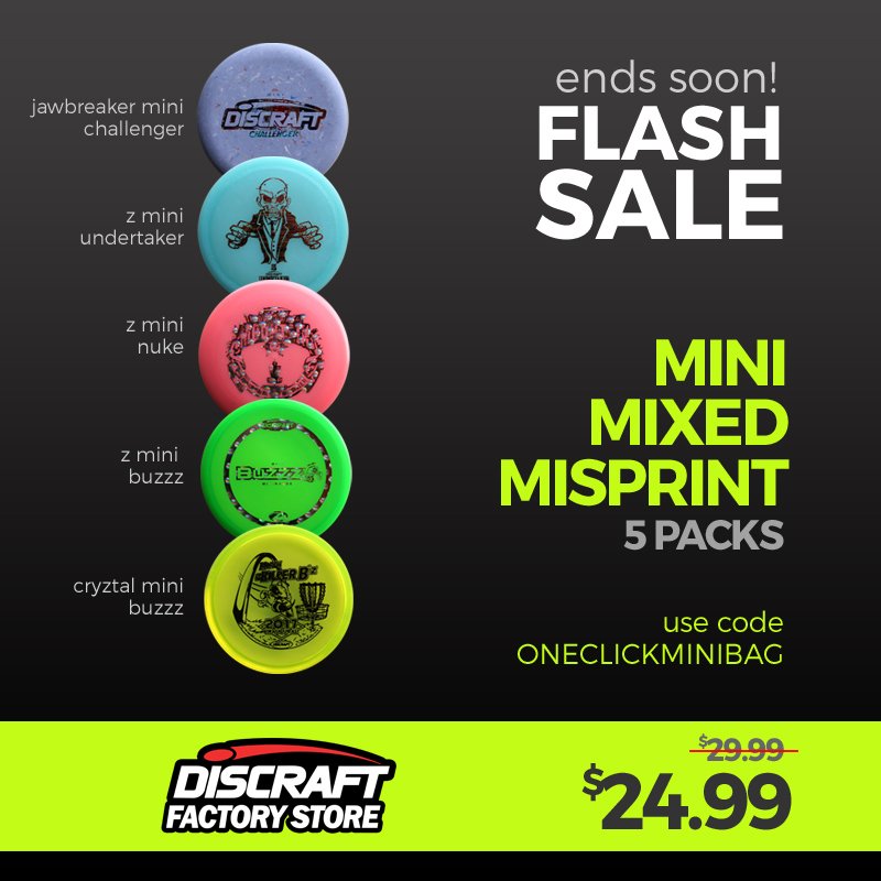 DiscraftFS's tweet image. Friday Flash Sale! The Mini Mixed Misprint 5-pack is two drivers, two mids &amp;amp; a putter: 24.99 while they last.
discraftfactorystore.com/collections/mi…
