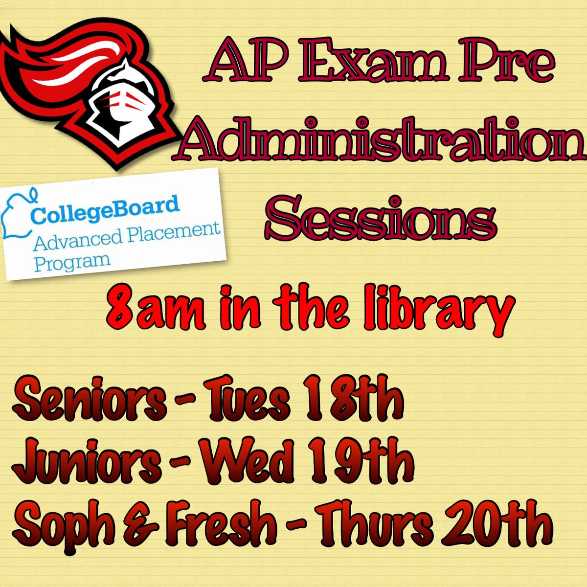 Hillcrest_H_S's tweet photo. All Students taking AP Exams must attend pre administration next week, 8:00am in the library #GoKnights #HHSAcademics #APExamTime https://t.co/mvbUo8iIzo