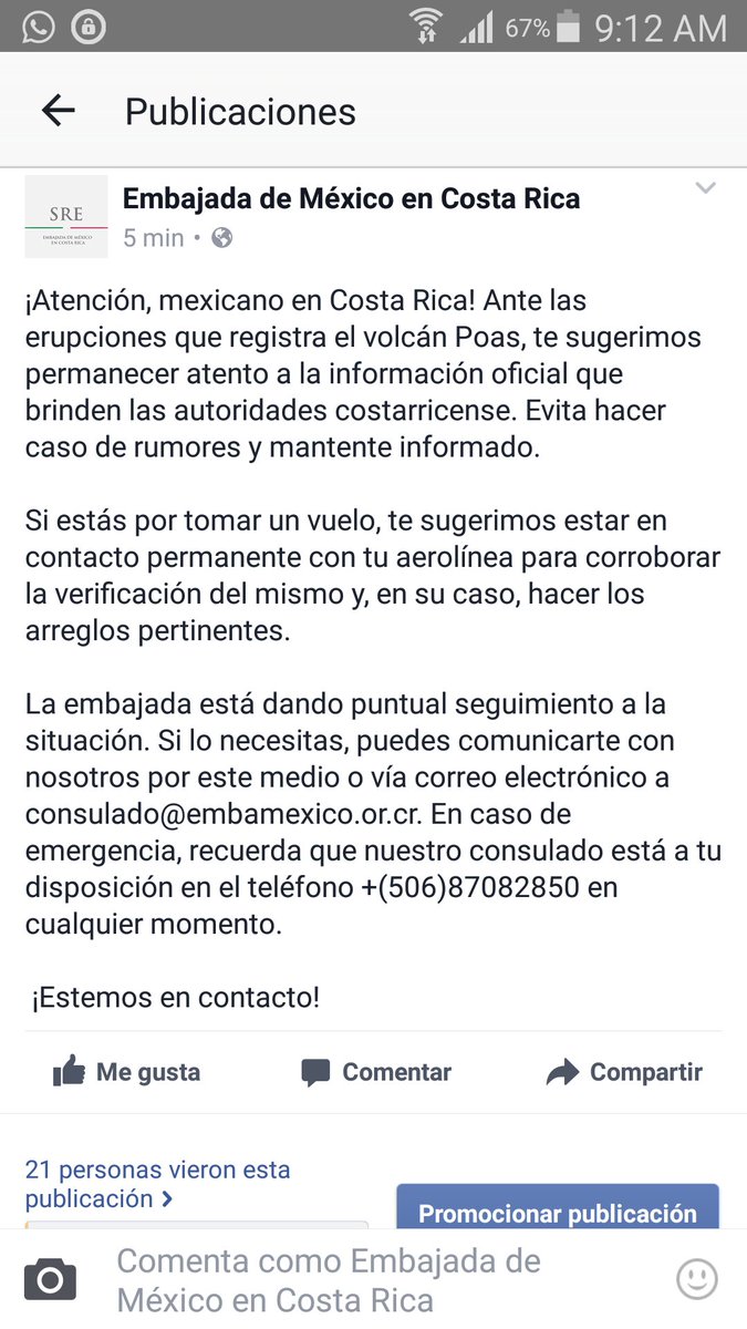 ¡Mexicano en #CostaRica! Ante las erupciones del #Poás, mantente informado. En caso de emergencia, nos encuentras en el +(506)87082850.