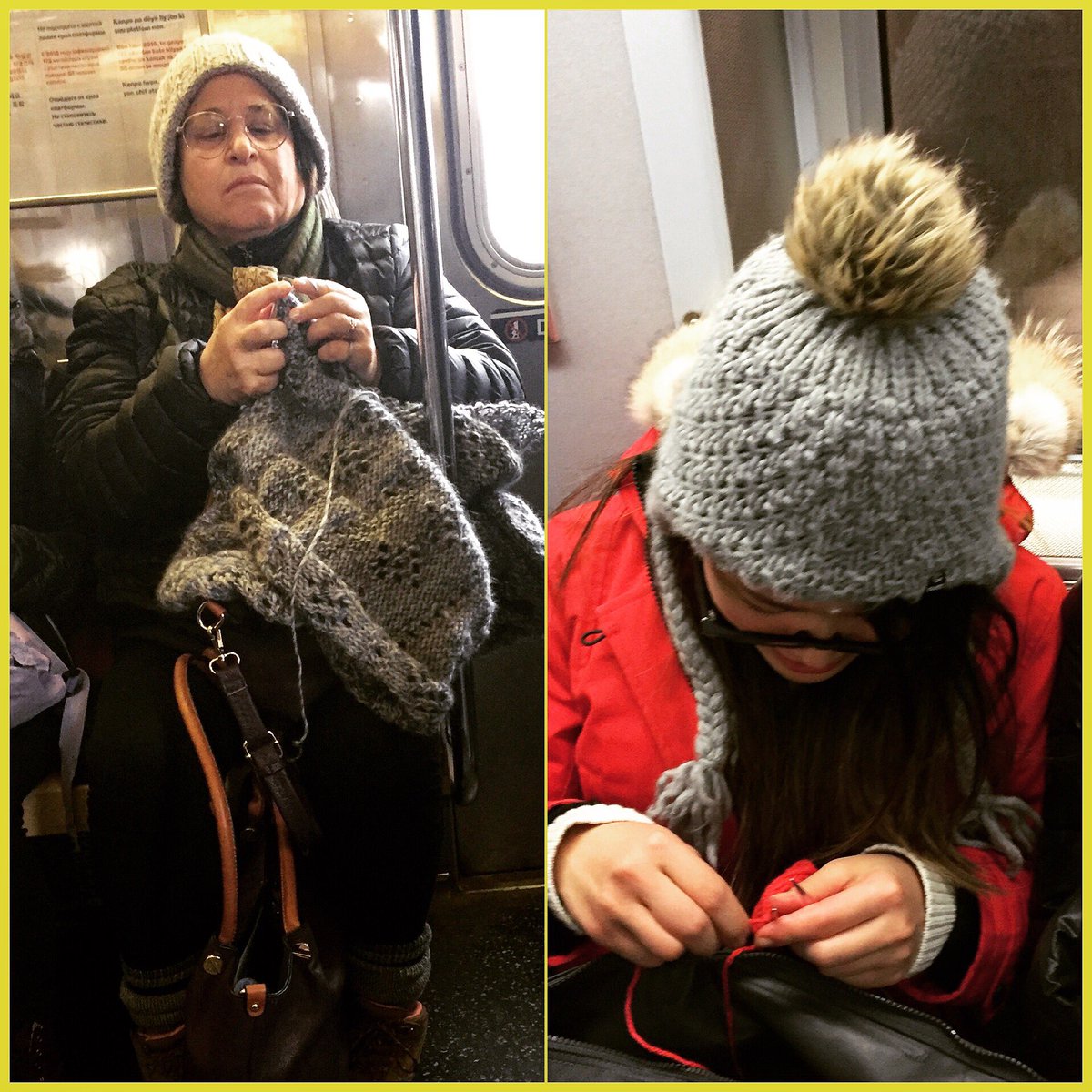 CommuknityFilm's tweet photo. The subway spies strike again in #nyc. Rush hour? No rushing here.
#subwayknitting #knitting #crochet #knittinginpublic #subway #newyork https://t.co/SRlKq9UH8F