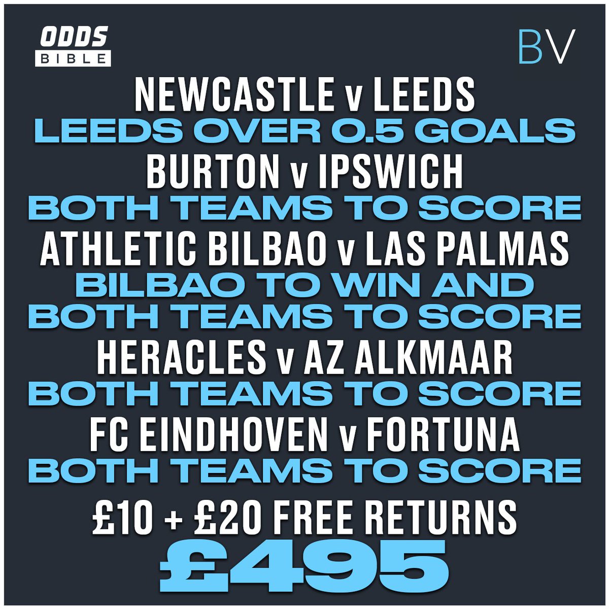 ODDSbible's tweet photo. 🚨 TODAY'S TIP 🚨 

Join BetVictor here: 👉 https://t.co/xbY1LCNsoo   👈

Put £10 &amp; your £20 bonus on this✅

Win £495 if it lands! 💰💰 https://t.co/SdbUmR8l0D