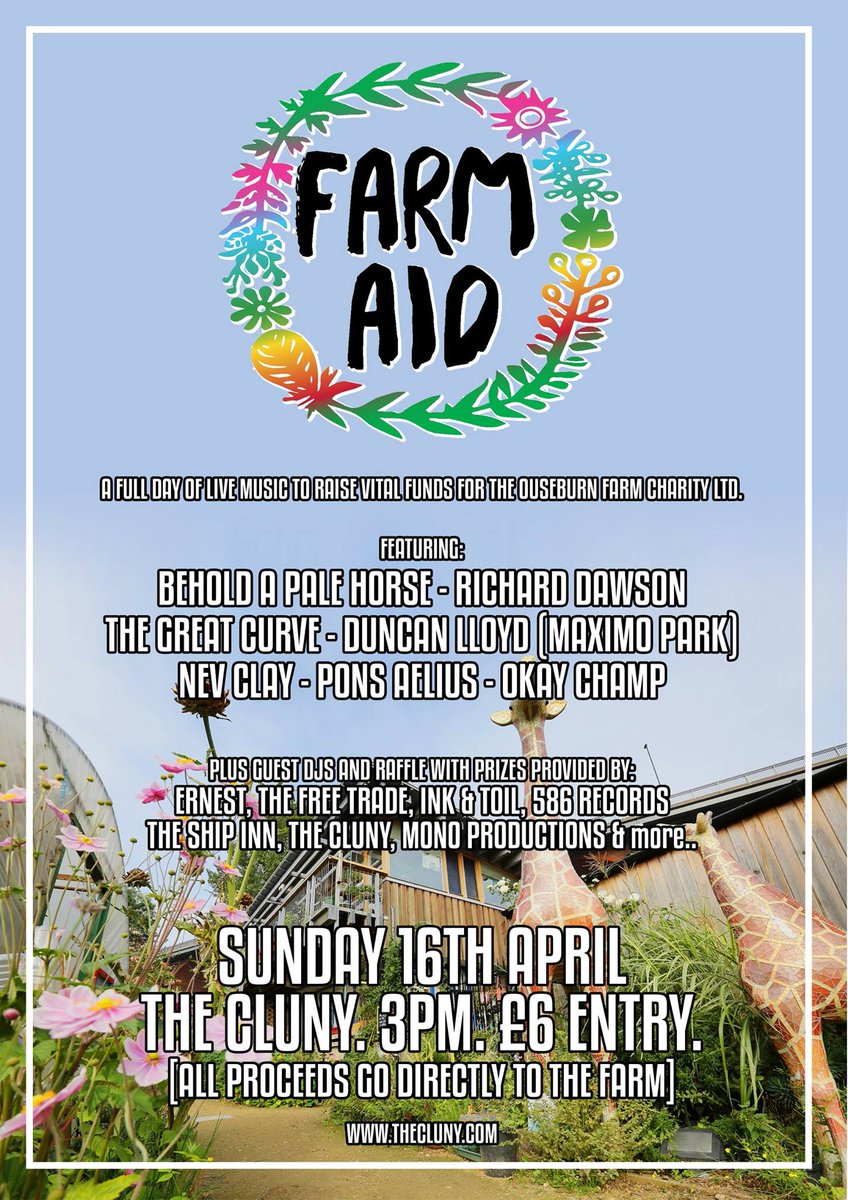 FARM AID!!!SUNDAY!!! @thecluny...loads of mint acts, raffles etc. We'll have our merch &amp; will be donating all profits to the farm...COME!!!
