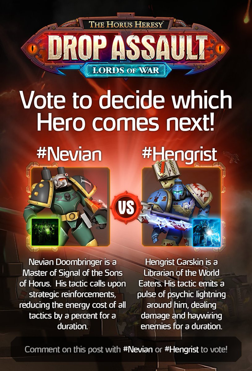 DropAssault's tweet image. Vote for the Hero you want to see next with #Nevian or #Hengrist. Votes close Friday, April 21st, 2017!