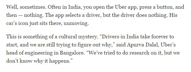 spignal's tweet photo. Uber can't figure out why its drivers in India don't respond to being ordered. One of life's mysteries, apparently https://t.co/gqxZtmxc4k https://t.co/AgAFrjADMc
