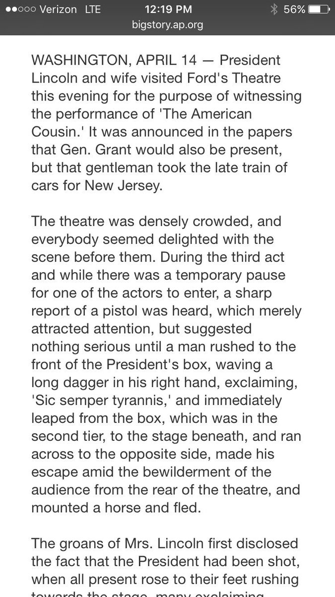 thomaswright08's tweet photo. President Lincoln was assassinated 152 yrs ago today. The original @AP report is a textbook case of burying the lede https://t.co/AwIC1qQL9M https://t.co/JL88gy3CvB