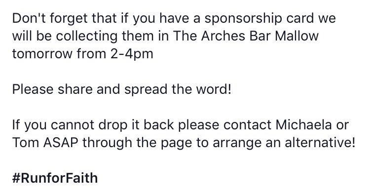 Run_for_Faith's tweet photo. Collection of all sponsorship cards will take place tomorrow in @ArchesBarMallow from 2 - 4pm please spread the word! #RunforFaith https://t.co/JSpE9l99no