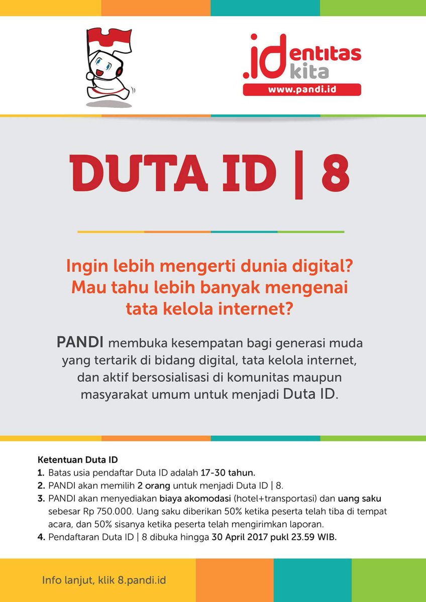 Pandi_ID's tweet photo. Ingin lebih mengerti dunia digital? Mau tahu lebih banyak mengenai tata kelola internet? Daftarkan dirimu menjadi Duta ID | 8 #pandi8 https://t.co/FheLdv1DVQ
