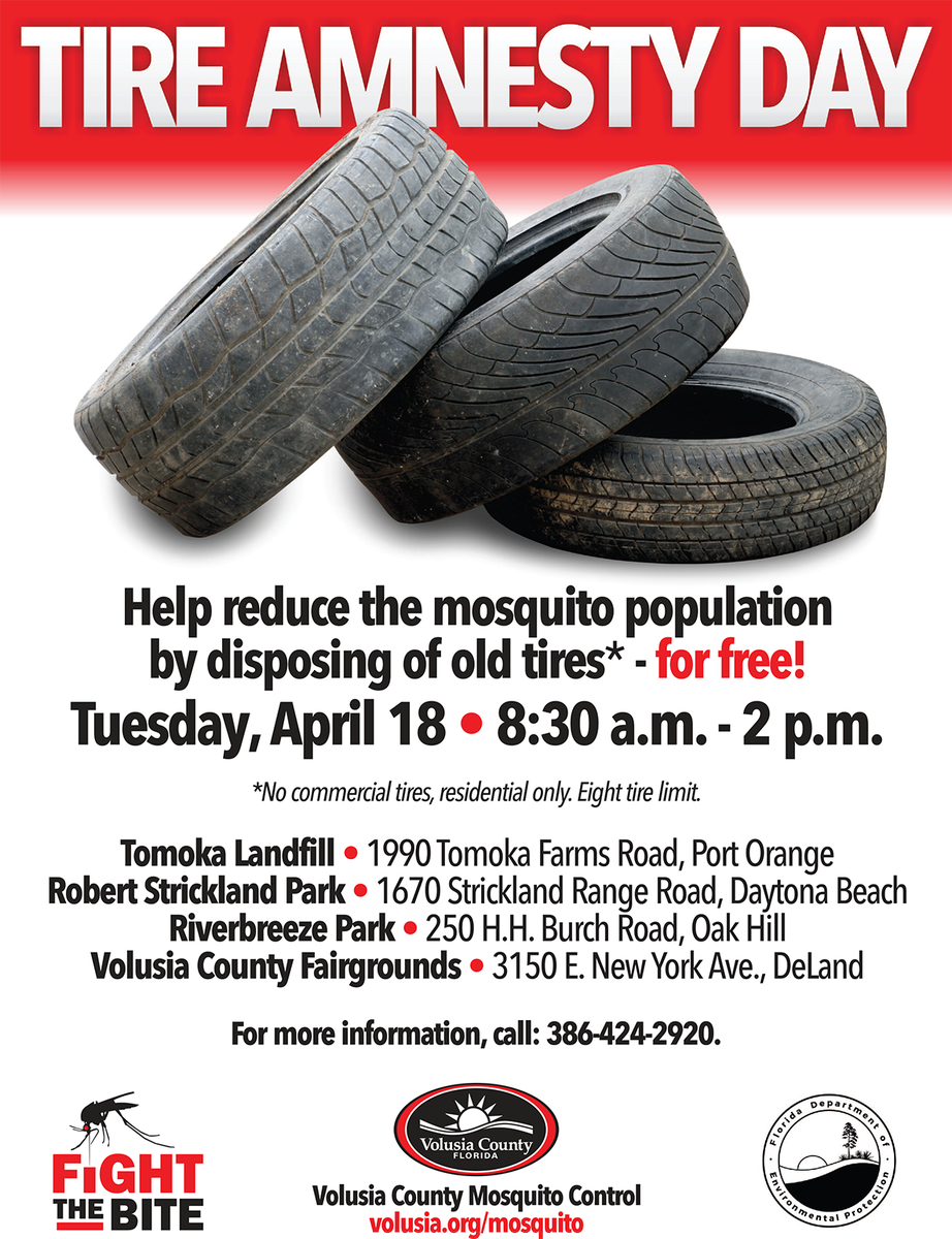 CountyOfVolusia's tweet photo. Help fight the bite! Drop off old tires - free of charge - on Tire Amnesty Day Tuesday, April 18. For more info, call 386-424-2920. https://t.co/eLV5nIFP93