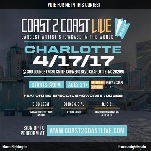 MusaNightingale's tweet photo. Vote for me to perform at #Charlotte Edition 4/17/17! https://t.co/6Wh8T83jFu #Coast2Coast https://t.co/gkLsNSXBTK