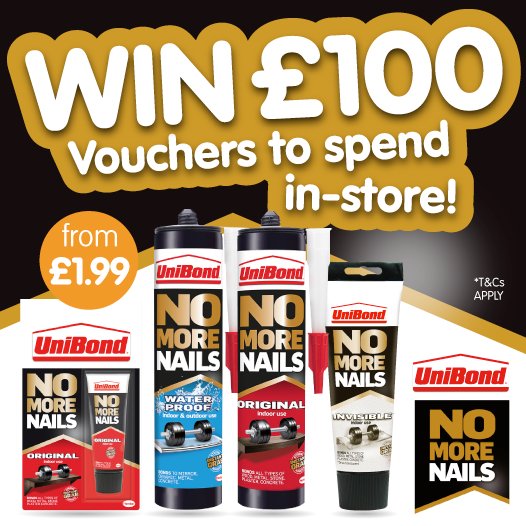 bmstores's tweet image. ⚠ #COMPETITION !⚠
FLW/RT for a fab chance to #WIN £100 B&amp;amp;M Vouchers to spend in-store courtesy of UniBond! Competition ends 23:59 18/04/2017