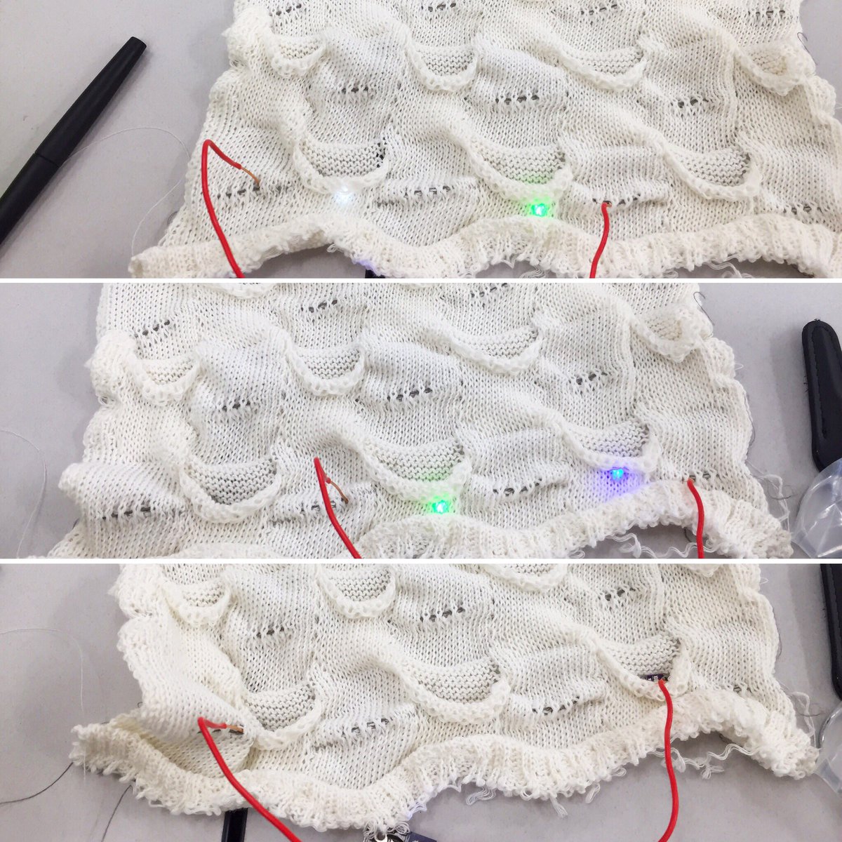 TextileAtJeffU's tweet image. Graduate student Becky Flax making knit magic with the fantastic sequin LEDs from @AMX3D_Inc a little series versus parallel won&apos;t stop her!