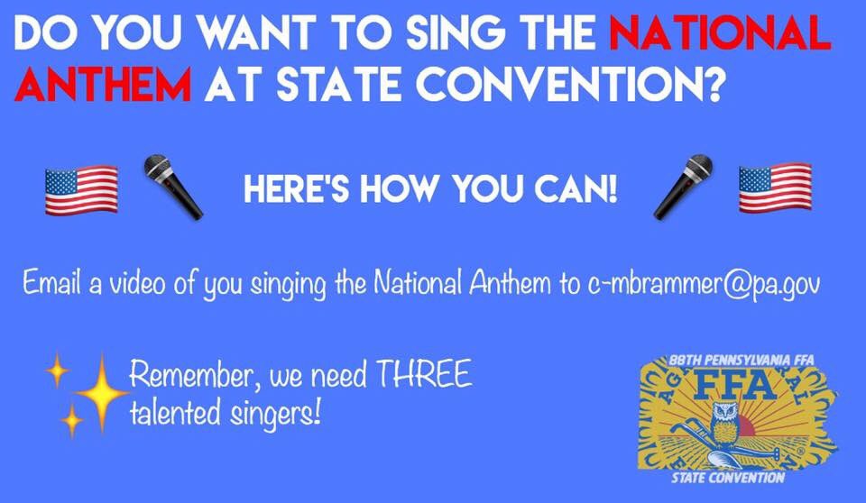 Come sing the National Anthem for PA FFA at State Convention!! Deadline is May 1st! #Activate