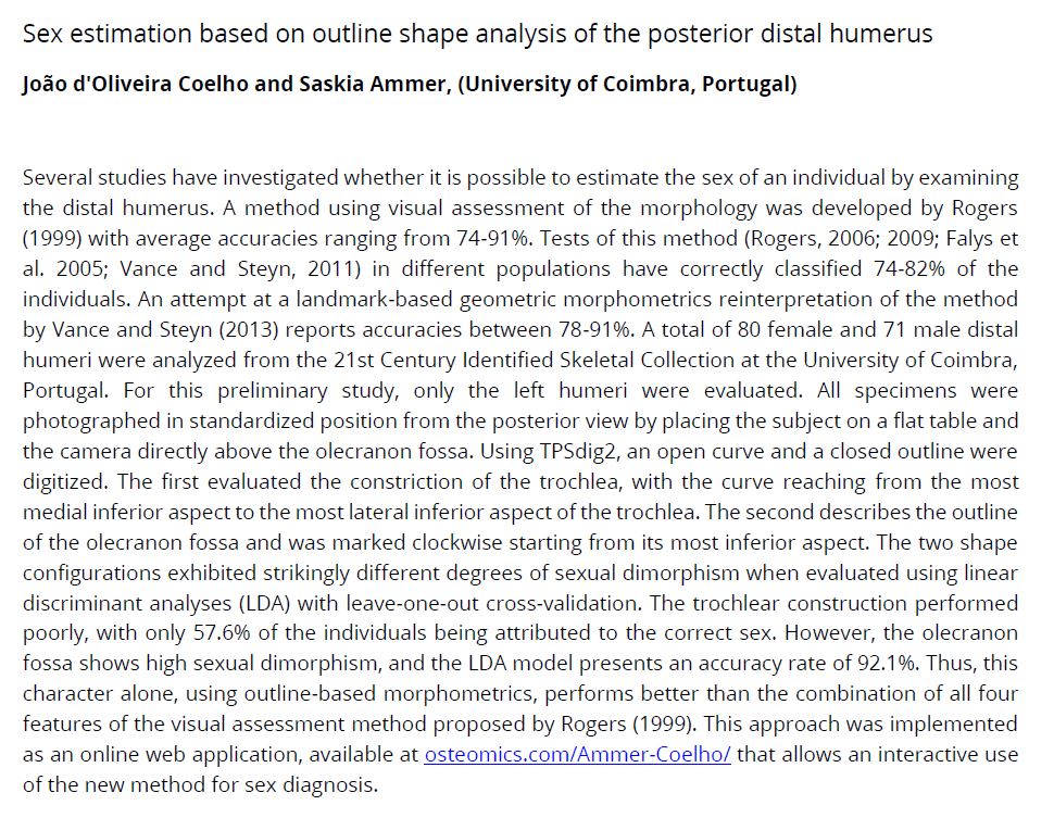 MORPH2017's tweet photo. Our next abstract for our May #MORPH2017 conference comes from @UnivdeCoimbra -  sex estimation of humeri by João d’Oliveira Coelho https://t.co/RgCZ6ldmbV