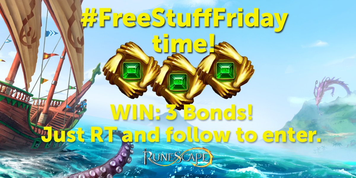 RuneScape's tweet photo. It's #FreeStuffFriday time! WIN 3 Bonds! 💰💰💰

Just RT and follow us for the chance to win. Winner announced Tuesday! Go! https://t.co/MrKjZTboat