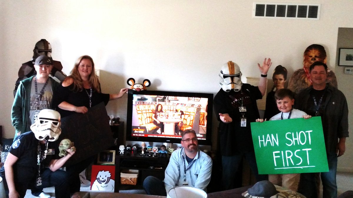 harp6734's tweet photo. @starwars @verizon 
Thank you for the Live Stream of #SWCO 
This is our viewing party and our #not@swco badges/lanyards https://t.co/suXFngRr1o