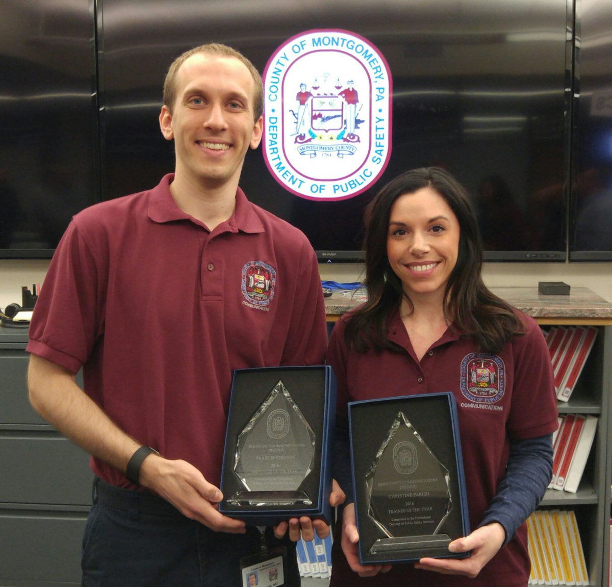 MCpublicsafety's tweet photo. Congrats to Telecommunicator o/t Year Frank Strocen &amp; Trainee o/t Year Christine Parish! They rock! #npstw2017 #TelecommunicatorsWeek https://t.co/X11D5PieGp