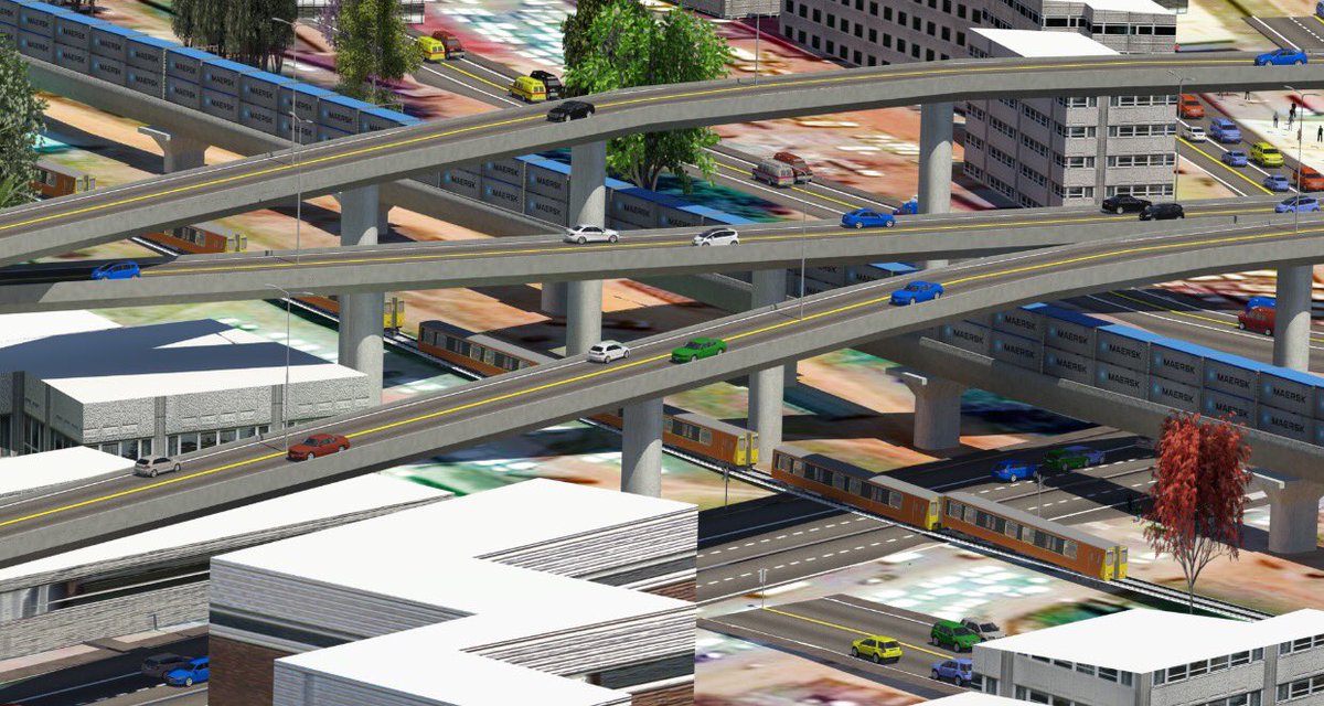 Artistic impression of harmonized SGR, Kampala Fly Over &amp; current Meter Gauge Railway at Access Road. Kampala Fly Over will be above SGR.