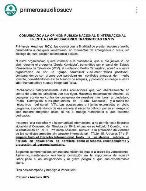 Garcareinaldo's tweet photo. Comunicado de @1rosAuxiliosUCV ante las infames acusaciones del canal del estado VTV! FUERZA https://t.co/Vwh7JdF6Gi