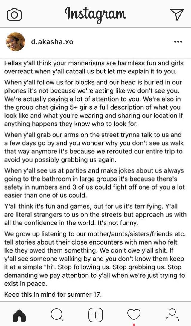 DanielleMuscato's tweet photo. "Ya'll think it's fun and games, but for us, it's terrifying."
#feminism #nowomanever #yesallwomen #harassment #catcalling #notjusthello https://t.co/rHMU6nl0aA
