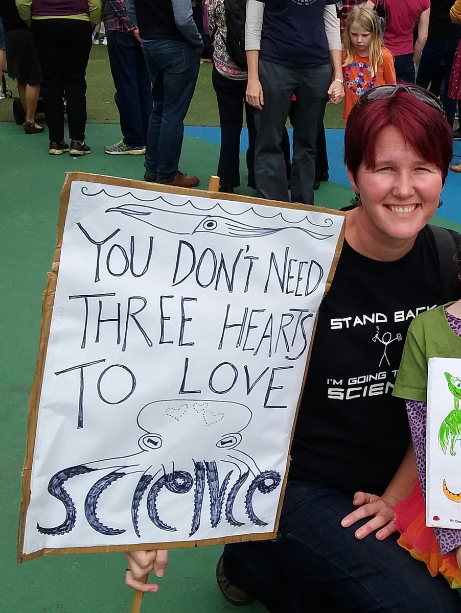 ALCESonline's tweet photo. Cephs represent at Auckland's #sciencemarch . You don't need three hearts to love science! Or cephalopods. https://t.co/MrjnU15brX