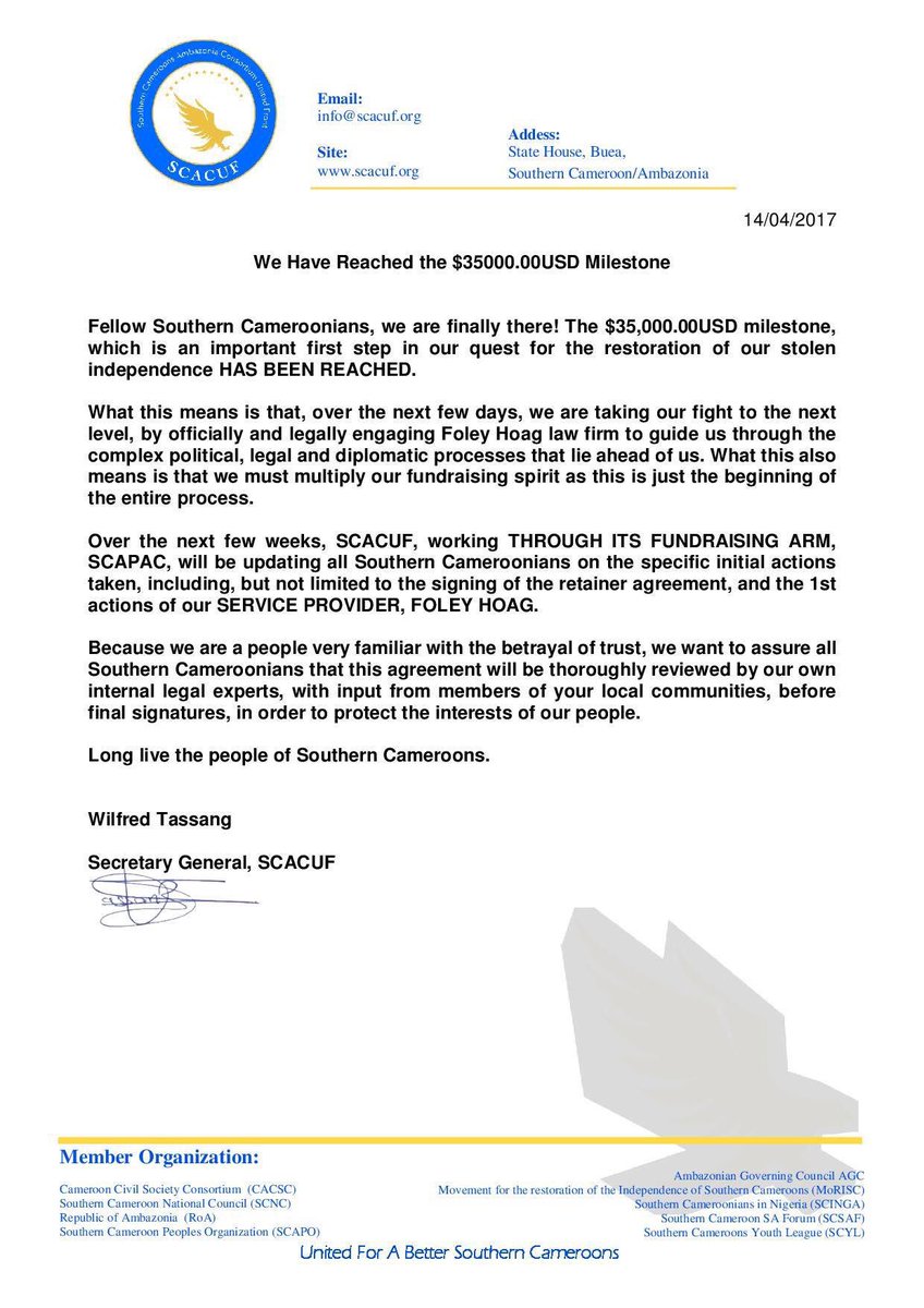 Abakwainfo's tweet photo. #SCACUF reached financial milestone in seeking legal redress! GOD bless Southern Cameroon.The struggle continues!
#FreeAllarrested 
#SCAPAC https://t.co/DzvHpMca4u