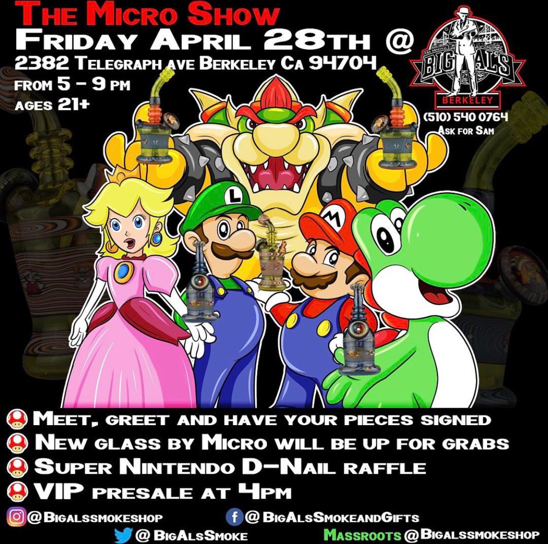 BigAlsSmoke's tweet photo. About 2 weeks out! If you're around town come through and say whatsup!! 💎🔥💚❤️🎉💦#micro #microglass #mario #princess #yoshi #dnail #enail https://t.co/8fkO8XleZu