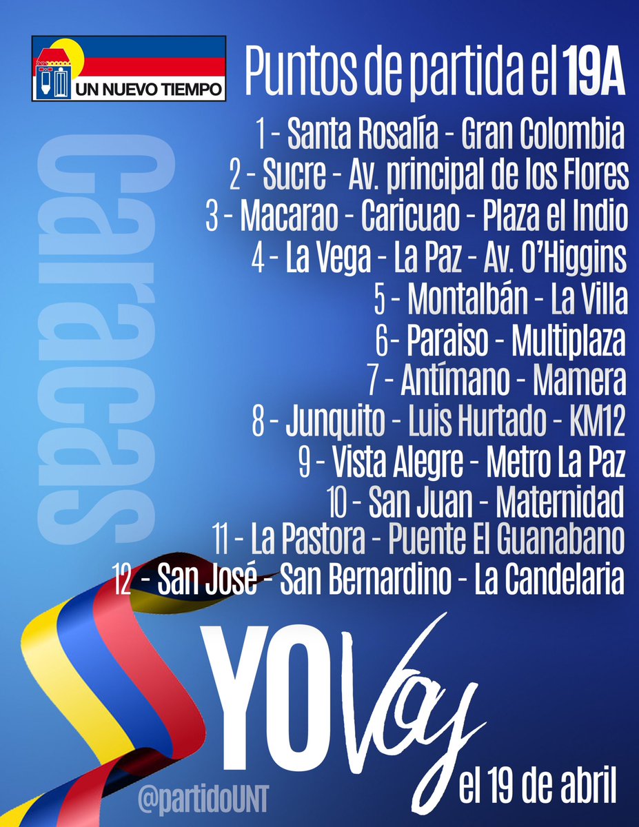 partidoUNT's tweet photo. Estos son los 26 puntos de partida el próximo 19 de abril en Caracas, todos con destino a la Defensoría del Pueblo #19AVzlaContraElGolpe https://t.co/3vBPOv8F2L