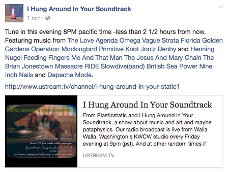 I Hung Around In Your Soundtrack O N  T H E  A I R  soon. 
8PM pacific time. Hope that you can join us! 📻💜