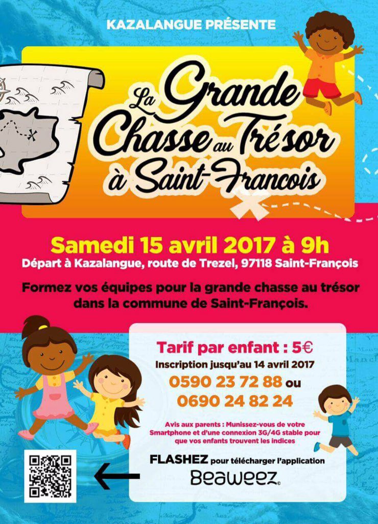 Avez-vous déjà constitué votre équipe et téléchargé #Beaweez ? La grande chasse au trésor de Kazalangue, c'est demain à <a href="/ComStfrancois/">Ville de Saint-François</a> ;)