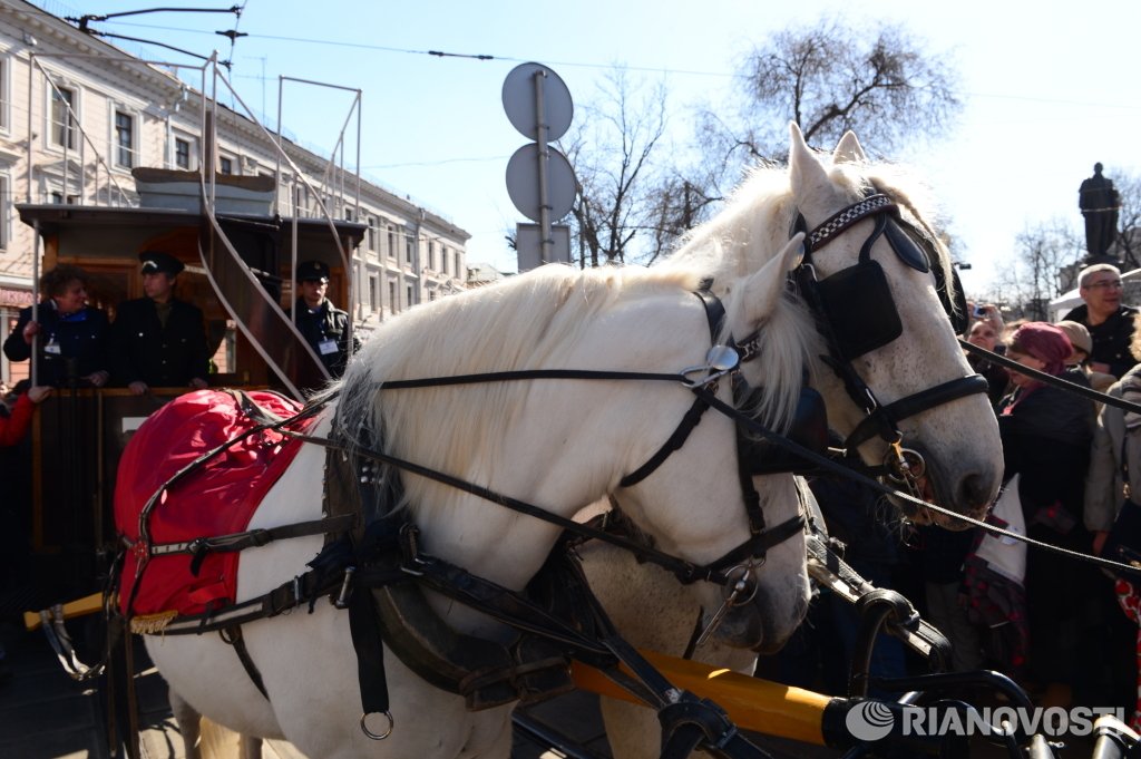 Конка на параде трамваев. Конки транспорт 19 века. Лошадь Спутник человека.
