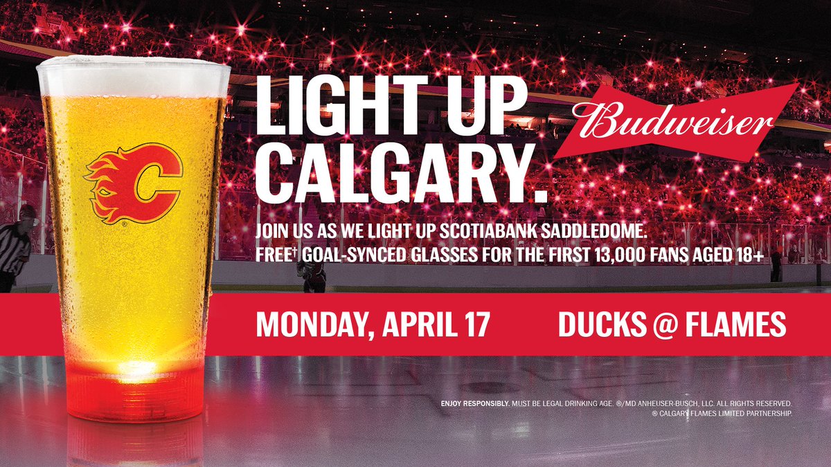 NHLFlames's tweet photo. Ready to #LightUpCalgary, #CofRed? 13,000 fans will be given free @budcanada goal-synced glasses at Game 3! https://t.co/KyFdVULACx