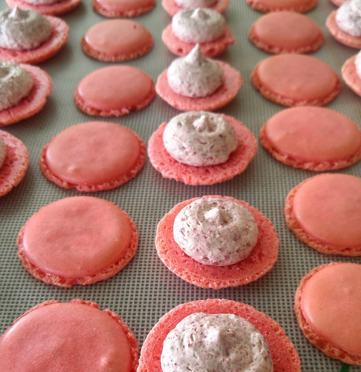 beyondumami's tweet image. Here&apos;s a peek of the #raspberrymacarons all piped with @ACanadianFoodi and @sugarlovespices helping with dishes! #yegfood #yeg