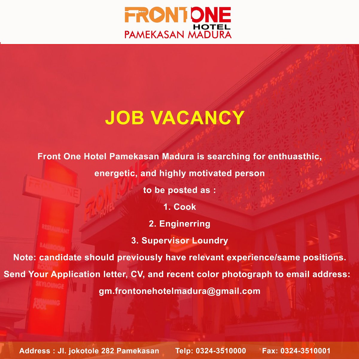 frontonepmk's tweet photo. ✔Lowongan Pekerjaan✔

Kirimkan lamaran pekerjaan anda ke alamat email : ✉ gm.frontonehotelmadura@gmail.com 
paling lambat ➡ 20 april 2017 😉 https://t.co/V12M9qocui