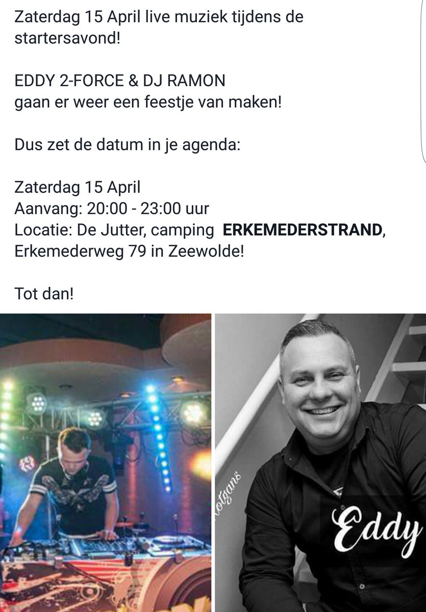 Vanavond @ERKEMEDERSTRAND met EDDY TWO FORCE  en Party dj Ramon