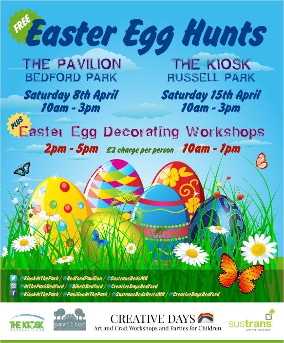 Our friends in #RussellPark are running a FREE Easter egg hunt @KioskAtThePark today with <a href="/SustransBedsMK/">Sustrans Bedford and Milton Keynes</a> 10-3 #eggdecorating too &amp; #cake!