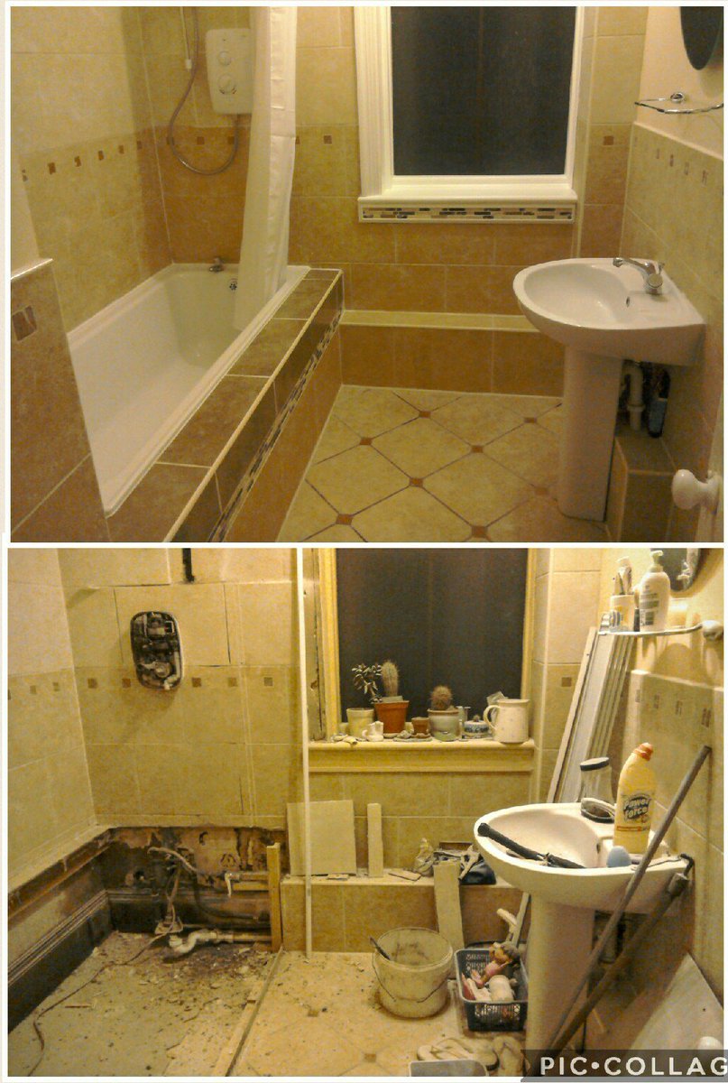 CliveHud's tweet photo. So at last the bathroom is absolutely, positively finished. Before and after photo. #DIYnightmare #timeforabeer https://t.co/TUCEykMN8W