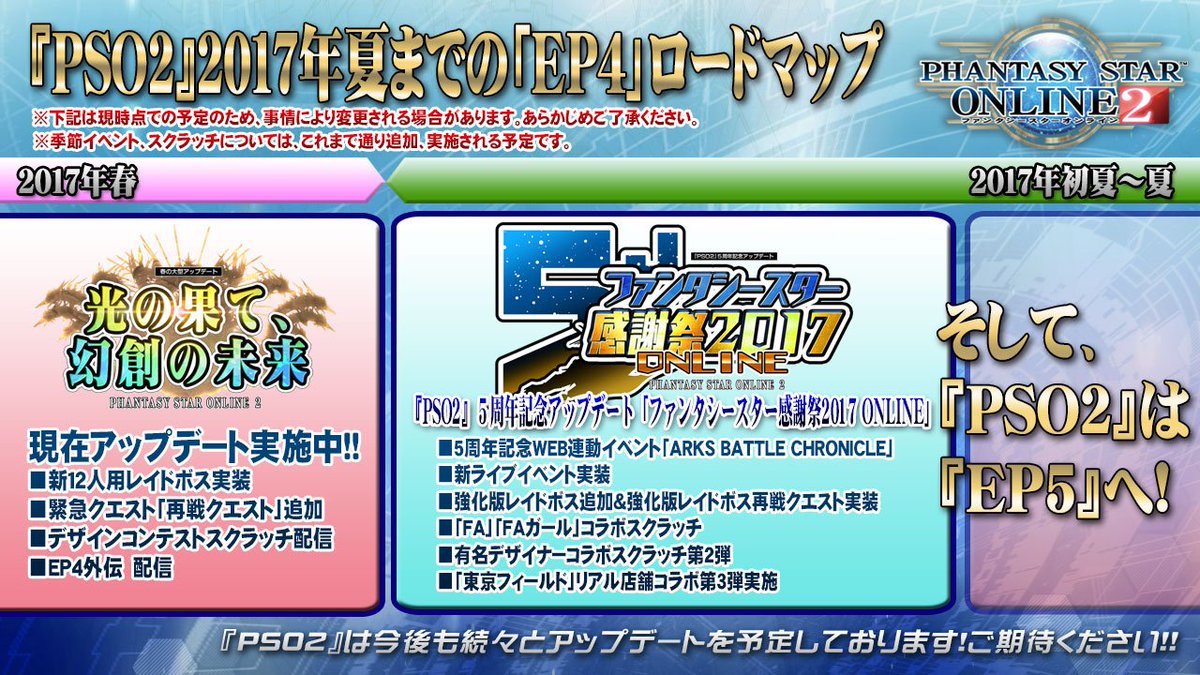 Phantasystaronline2 On Twitter Pso2 Station 放送中 続いて 2017年夏までの Ep4 ロードマップを公開します 新ライブイベントやリアル店舗コラボなど盛りだくさん 夏にはいよいよ Ep5 となります Pso2