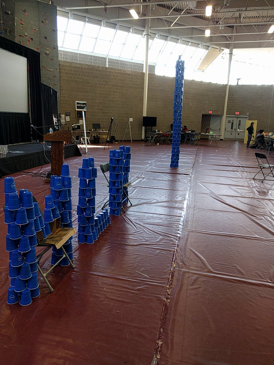 MLHacks's tweet photo. Last night's cup stacking @HampHack powered by @Dell and @Windows was awesome. The hackers made us a surprise this morning..! #HampHack https://t.co/xMm1oXu2IL