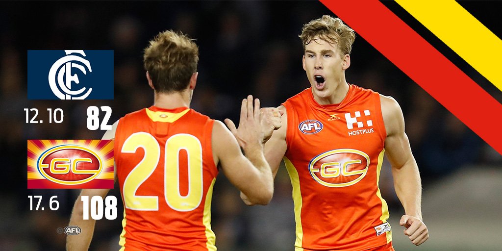 FT: <a href="/GoldCoastSUNS/">Gold Coast Suns</a> 17.6 (108) defeat <a href="/CarltonFC/">Carlton FC</a> 12.10 (82). #AFLBluesSuns Tom Lynch finished with seven goals.